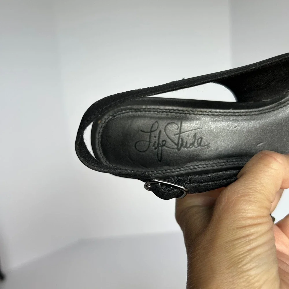 Life Stride Black Fabric‎ Slingback Heels Dress Shoes Buckle 7.5M